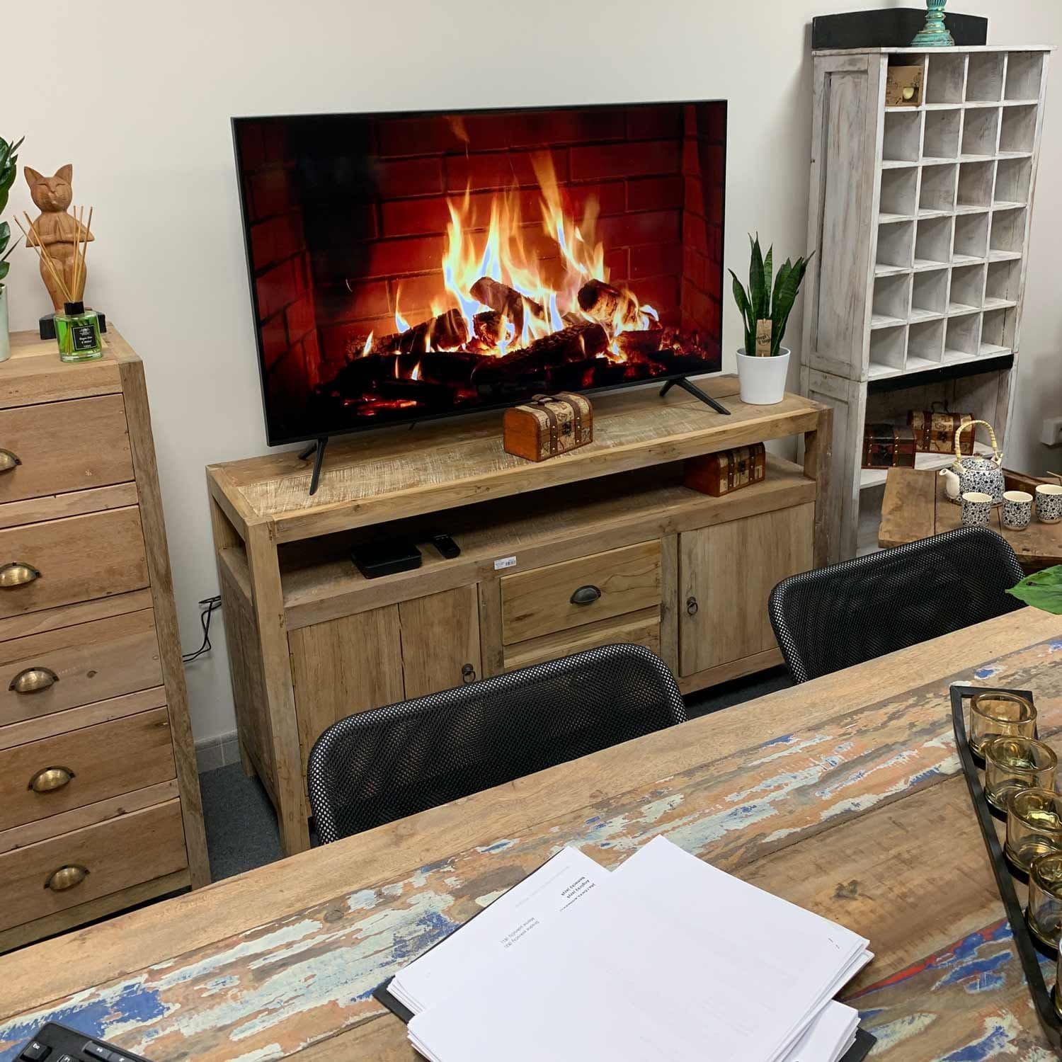 Large Reclaimed Wood TV Stand with 2 Drawers & Open Shelving | Kaiku