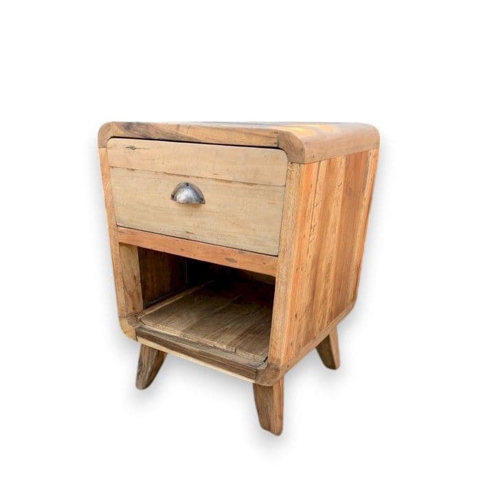 Round Reclaimed Teak Bedside Table with Drawer | Kaiku