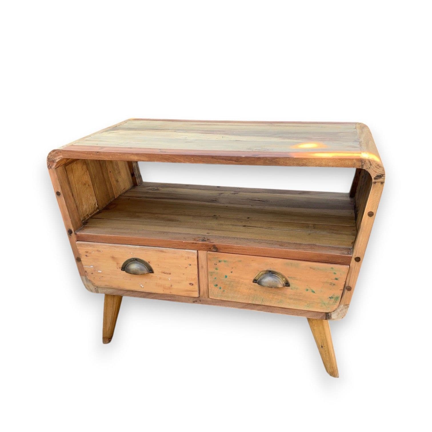 Small Recycled Teak TV Stand with 2 Drawers | Kaiku