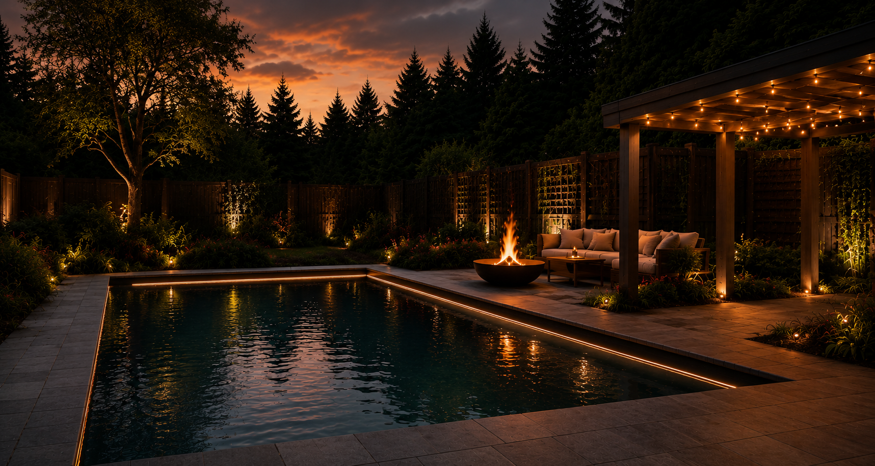 A finished outdoor living space at dusk